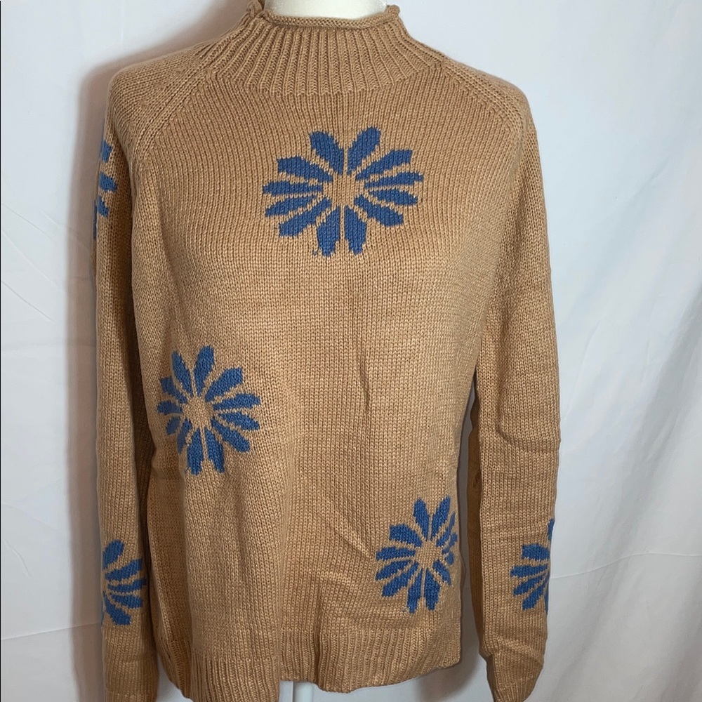 Tan Sweater with Blue Floral Design